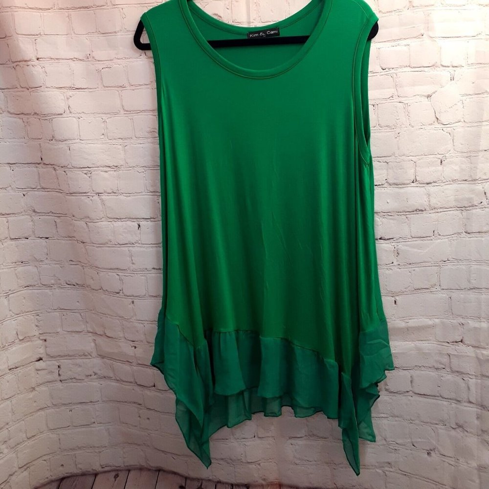 Kim & Cami  Sleeveless Top With Ruffle accents Green XL